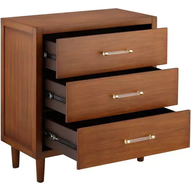 Cassettiera a 3 cassetti larga 81 cm in teak spazzolato con maniglie in cristallo | Gambe in legno massello