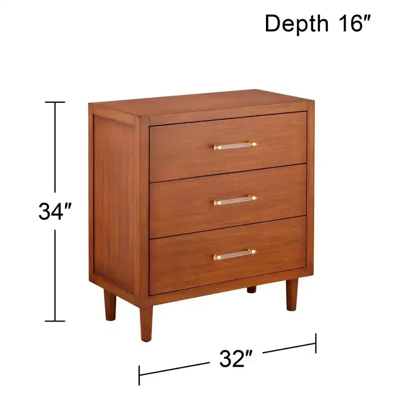 Cassettiera a 3 cassetti larga 81 cm in teak spazzolato con maniglie in cristallo | Gambe in legno massello
