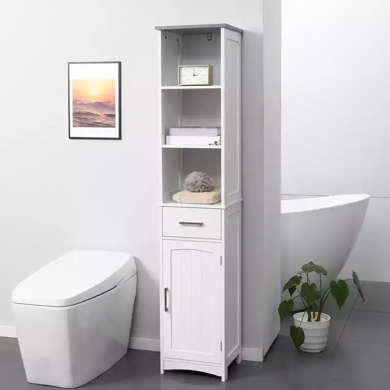 Mobile bagno autoportante alto 162 cm | Scaffale a 3 ripiani, cassetto e armadietto