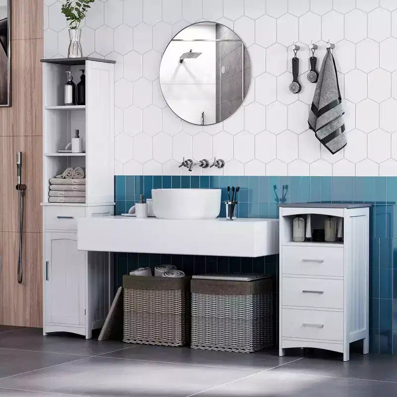 Mobile bagno autoportante alto 162 cm | Scaffale a 3 ripiani, cassetto e armadietto